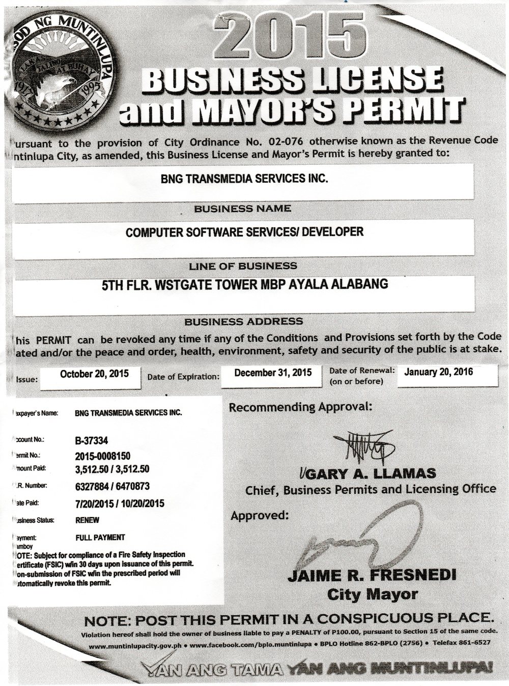 Business Registration – BNG Transmedia Services Inc. | Unit C 5th flr ...